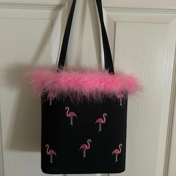 Handbags - 🦩 Black Flamingo Tote Bag with Pink Feather Trim – Retro Y2K Vibes